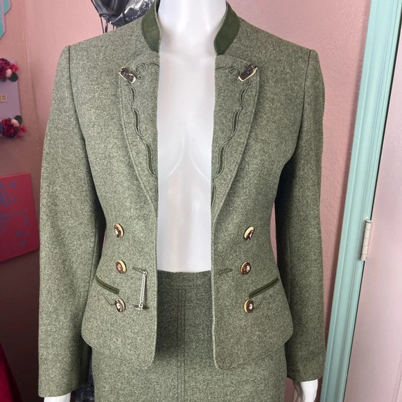 Vintage Lodenfrey Green German Austria Wool Cropped Military Jacket & Skirt Suit - Picture 3 of 16